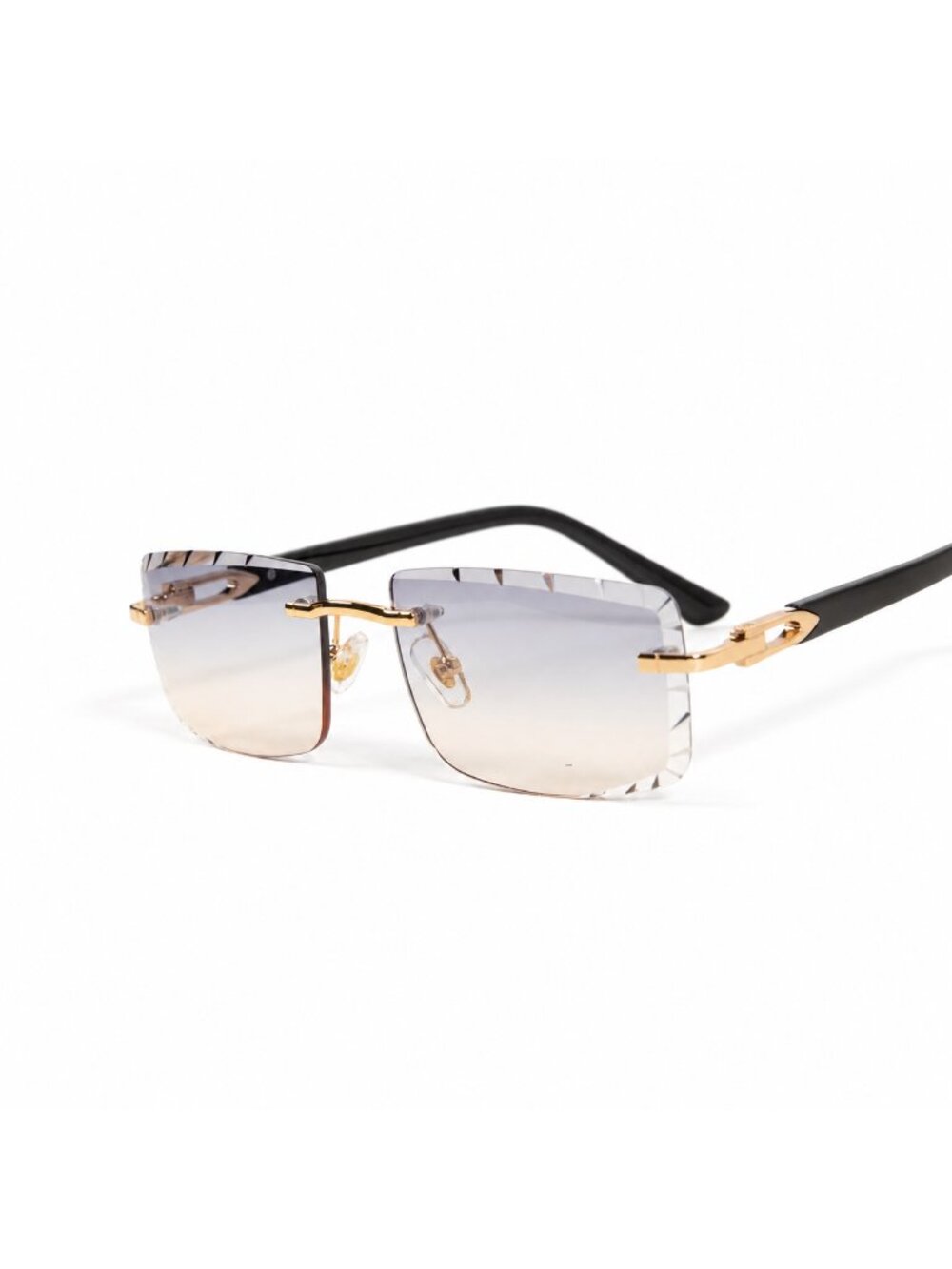 Gold Frame Gray And Tan Tint Rimless Gem Cut Black Composite Temple Sunglasses